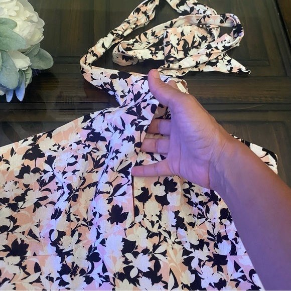 BCBGMaxAzria Linen Blend Pink Black Floral Crisscross Halter Dress - Picture 7 of 12